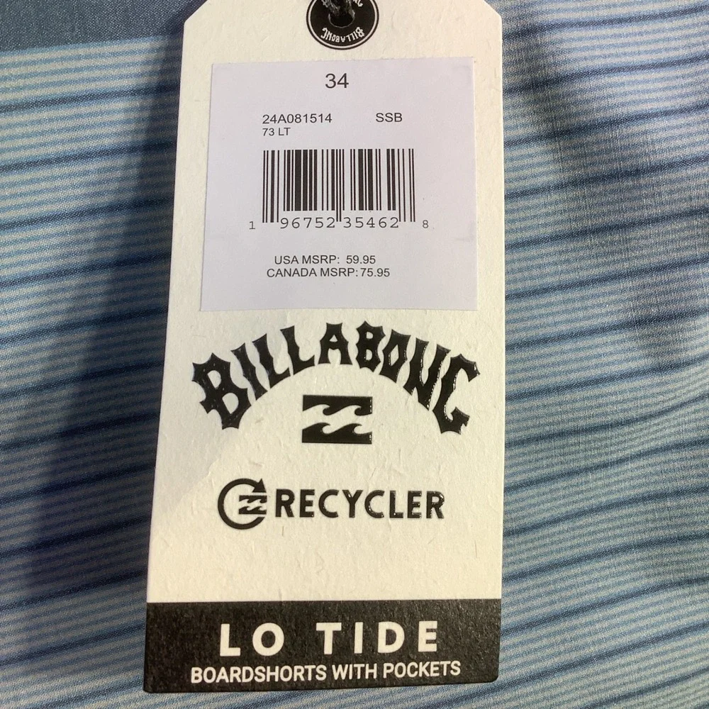 Billabong Lo Tide Boardshorts Blue Striped Surf Trunks Size 34 NWT